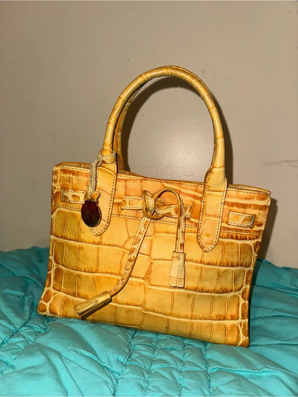 Croc-Embossed Yellow Leather Satchel with Top Handles